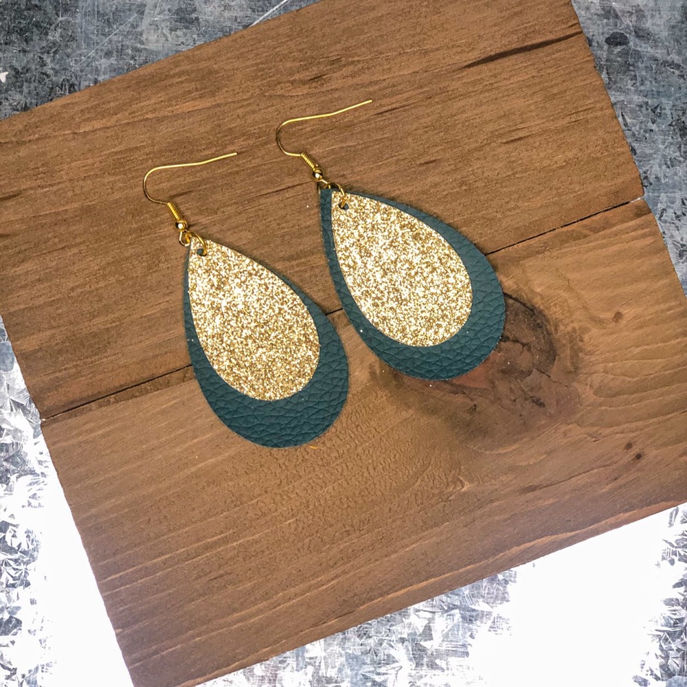 2” Tear Drop Glitter and Faux Leather Earrings